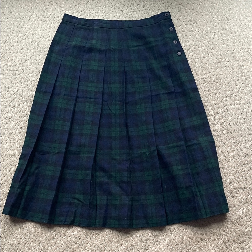 L.L. Bean Navy and Forest Plaid pleated wool a-line Skirt Vintage